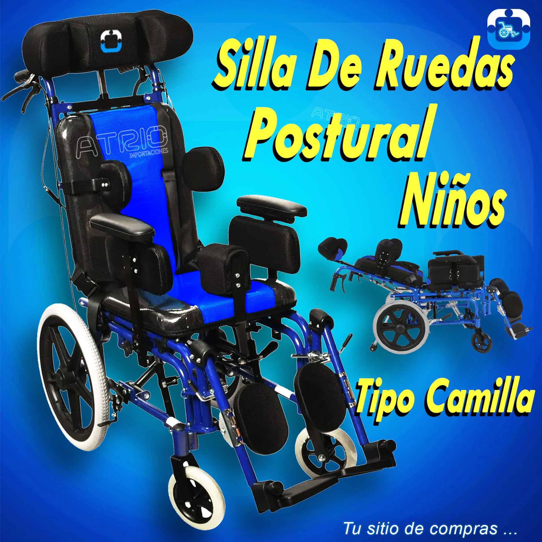 SILLA DE RUEDAS POSTURAL NIÑOS AZUL SIN MESA