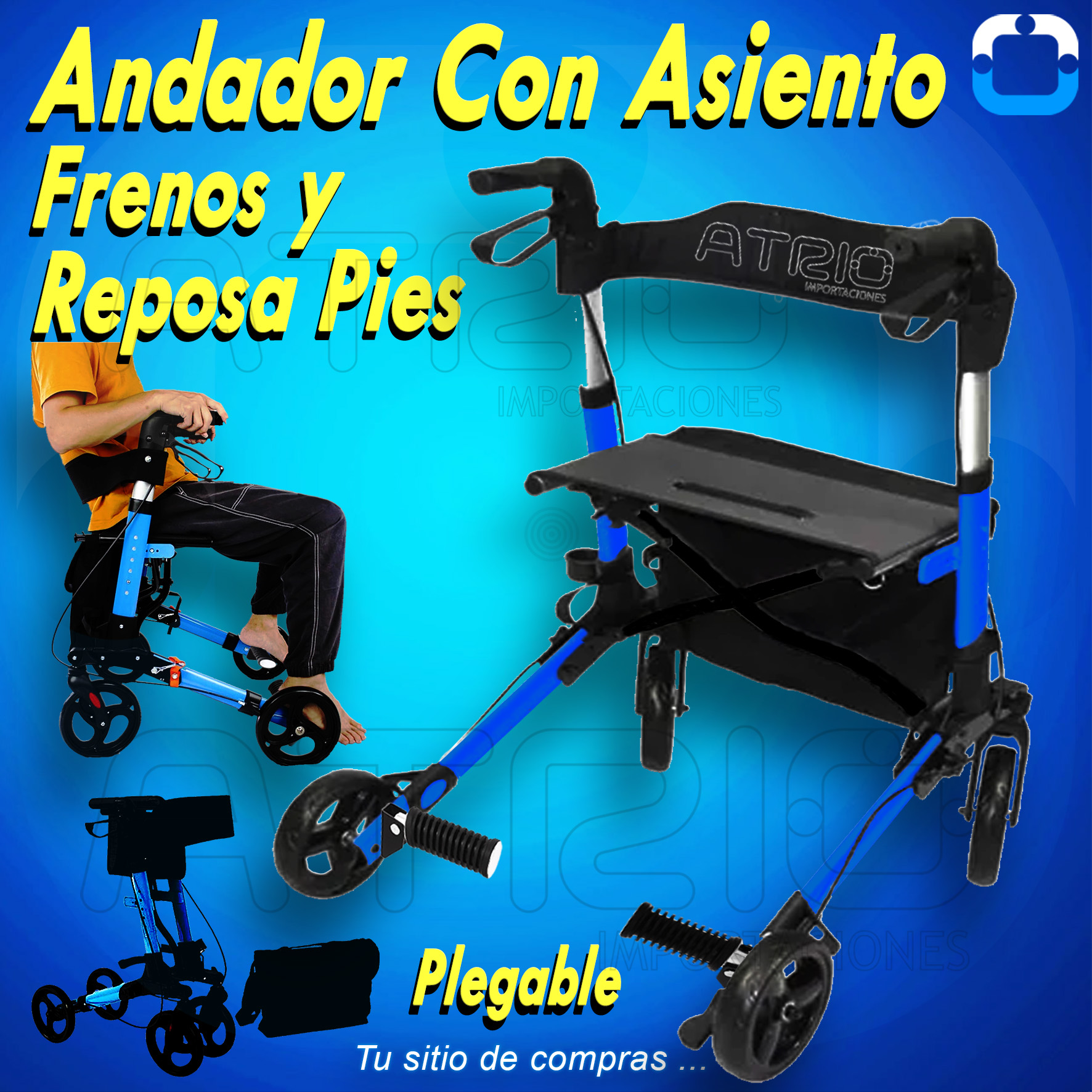 ANDADOR CON ASIENTO Y FRENOS AZUL APOYA PIES